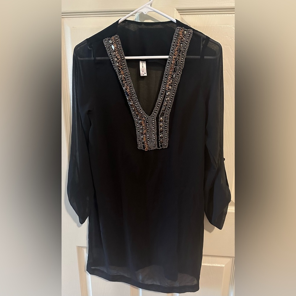 Mar De Lua Womens Beach Dress Small Black Cover Up Embellished Sheer Dressy